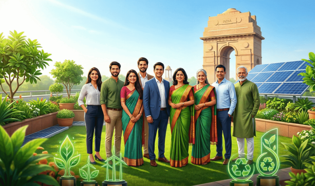 Promotional image for TOI Ecopreneur Awards 2026 featuring diverse Indian sustainability leaders on a green rooftop in New Delhi, with India Gate, solar panels, and glowing eco-award trophies symbolizing innovation in clean energy and circular economy.