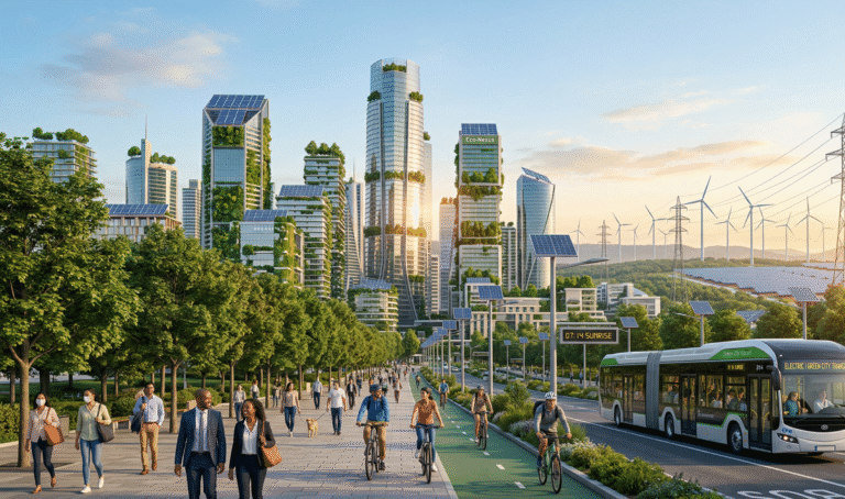 A modern city skyline at sunrise, with tree‑lined streets, electric buses, cyclists, rooftop solar panels, and wind turbines on the horizon, showing a clean, sustainable urban environment.