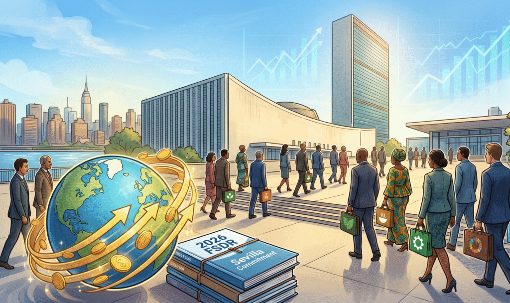 Illustration of the United Nations headquarters in New York under a clear blue sky, representing UN Financing Week 2026, featuring diverse global leaders entering with SDG-embossed briefcases, a foreground globe with coins and upward arrows symbolizing investment growth, stacks of reports labeled ‘2026 FSDR’ and ‘Sevilla Commitment’, and rising funding charts in an optimistic, realistic style.