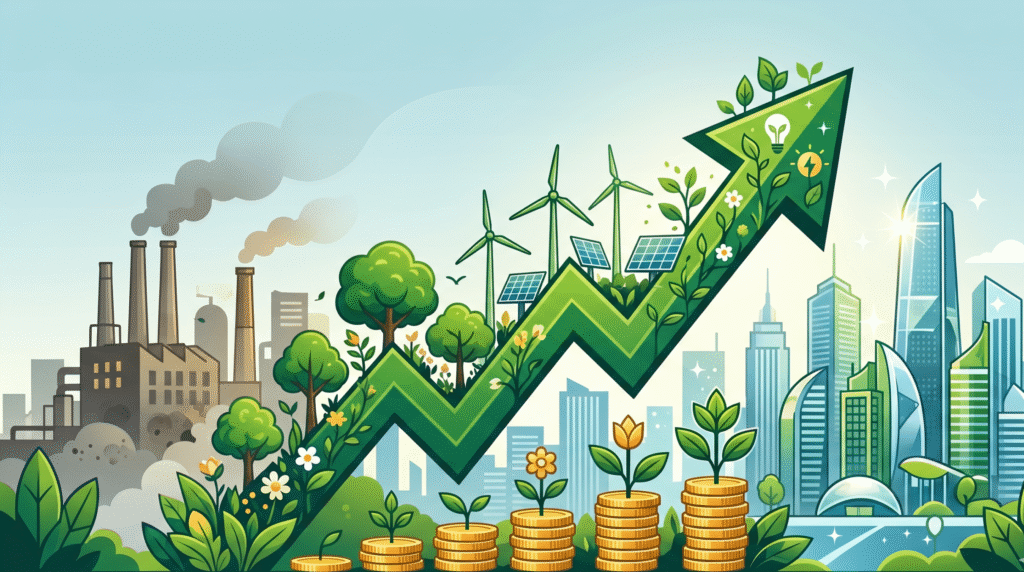 Infographic illustrating economic growth fueling environmental sustainability through innovation, featuring an upward green arrow graph formed by trees and clean energy symbols like wind turbines and solar panels rising above a city skyline shifting from factories to modern tech hubs, with coins morphing into plants at the base against a bright blue sky.