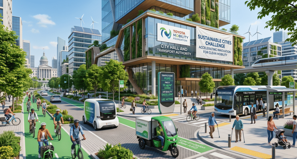 A futuristic urban street scene showing electric delivery vehicles and small cargo e‑trikes operating in a low‑emission city zone, with bike lanes, green spaces, and digital displays for traffic and air quality. Diverse pedestrians and cyclists share the space with clean public transport, while a modern city‑hall building in the background features branding for the Toyota Mobility Foundation Sustainable Cities Challenge, highlighting safe, inclusive, and zero‑carbon urban mobility.