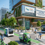 A futuristic urban street scene showing electric delivery vehicles and small cargo e‑trikes operating in a low‑emission city zone, with bike lanes, green spaces, and digital displays for traffic and air quality. Diverse pedestrians and cyclists share the space with clean public transport, while a modern city‑hall building in the background features branding for the Toyota Mobility Foundation Sustainable Cities Challenge, highlighting safe, inclusive, and zero‑carbon urban mobility.