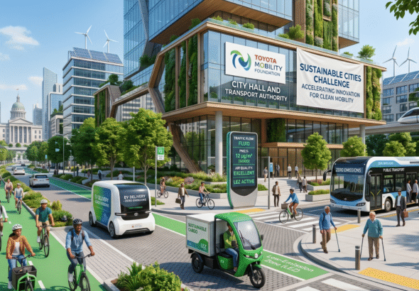 A futuristic urban street scene showing electric delivery vehicles and small cargo e‑trikes operating in a low‑emission city zone, with bike lanes, green spaces, and digital displays for traffic and air quality. Diverse pedestrians and cyclists share the space with clean public transport, while a modern city‑hall building in the background features branding for the Toyota Mobility Foundation Sustainable Cities Challenge, highlighting safe, inclusive, and zero‑carbon urban mobility.