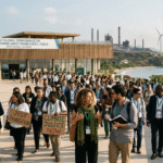 Delegates and climate leaders gather at a coastal conference venue in Santa Marta, Colombia, with wind turbines and solar panels in the background, symbolizing a global push to move away from fossil fuels.