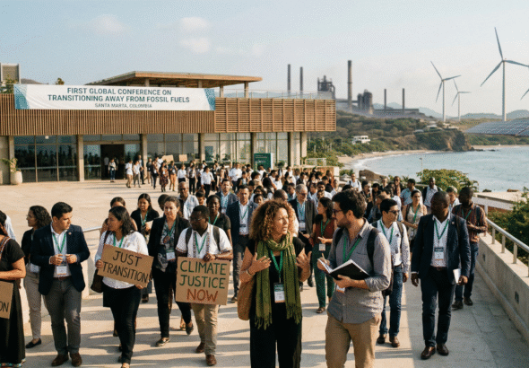 Delegates and climate leaders gather at a coastal conference venue in Santa Marta, Colombia, with wind turbines and solar panels in the background, symbolizing a global push to move away from fossil fuels.