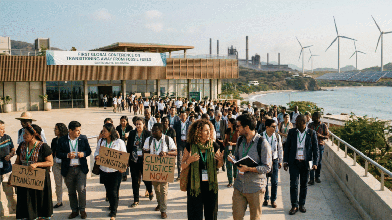 Delegates and climate leaders gather at a coastal conference venue in Santa Marta, Colombia, with wind turbines and solar panels in the background, symbolizing a global push to move away from fossil fuels.