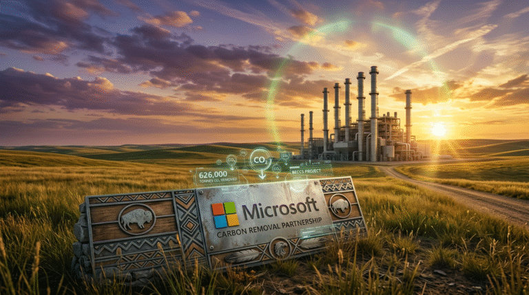 A hyper-realistic landscape thumbnail depicting a modern carbon capture facility on Saskatchewan prairies at sunset, featuring clean smokestacks, Microsoft logo, carbon molecule graphics, and Indigenous motifs blended with tech elements.