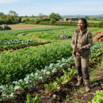 Farmers and green crops in a regenerative agriculture field, showing sustainable farming practices and healthy soil.
