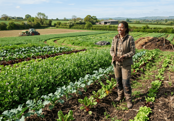 Farmers and green crops in a regenerative agriculture field, showing sustainable farming practices and healthy soil.