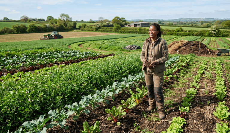 Farmers and green crops in a regenerative agriculture field, showing sustainable farming practices and healthy soil.