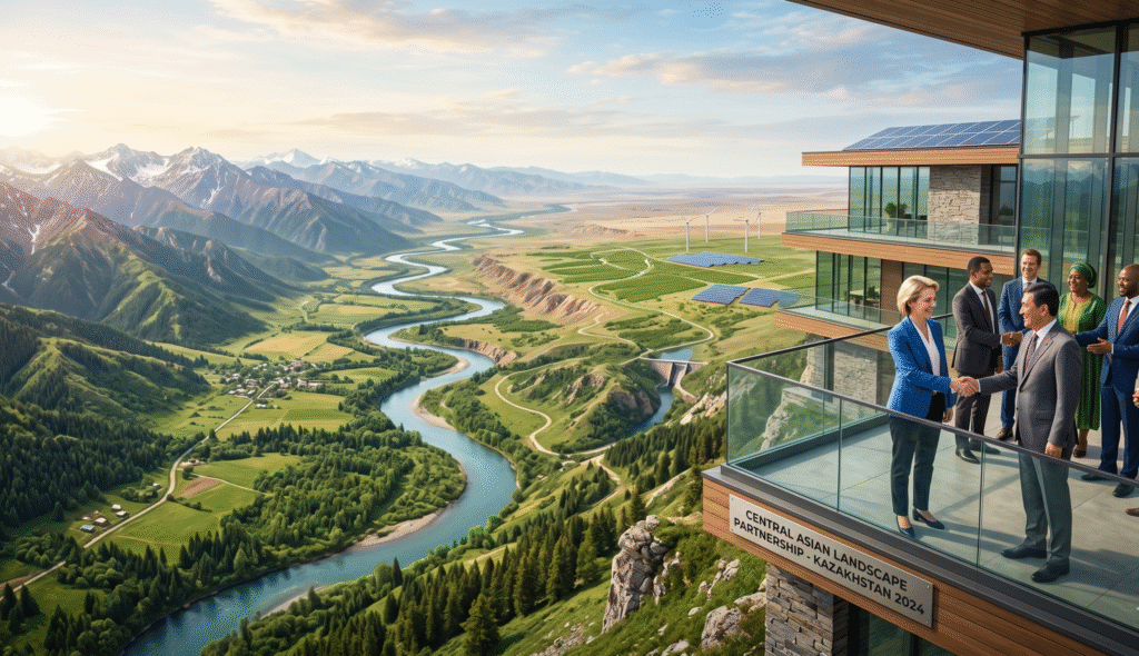 Diverse professionals shaking hands on a modern balcony overlooking a vast landscape that transitions from lush green valleys to arid plains, symbolizing international environmental cooperation across Central Asia, representing UNEP Central Asia partnerships, warm natural lighting, realistic details, professional atmosphere, high resolution, cinematic composition