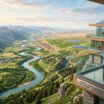 Diverse professionals shaking hands on a modern balcony overlooking a vast landscape that transitions from lush green valleys to arid plains, symbolizing international environmental cooperation across Central Asia.