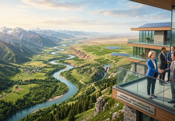 Diverse professionals shaking hands on a modern balcony overlooking a vast landscape that transitions from lush green valleys to arid plains, symbolizing international environmental cooperation across Central Asia.