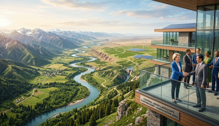 Diverse professionals shaking hands on a modern balcony overlooking a vast landscape that transitions from lush green valleys to arid plains, symbolizing international environmental cooperation across Central Asia.