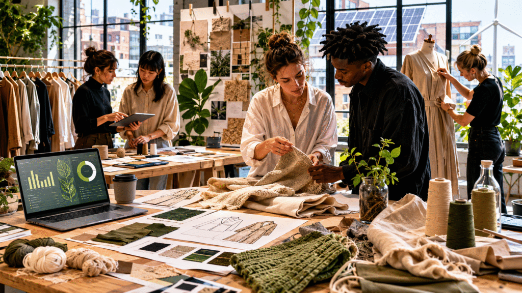 Diverse fashion designers collaborate inside a modern London studio focused on sustainable fashion, surrounded by recycled textiles, neutral clothing collections, fabric samples, renewable energy elements, and circular design planning in a professional editorial setting.