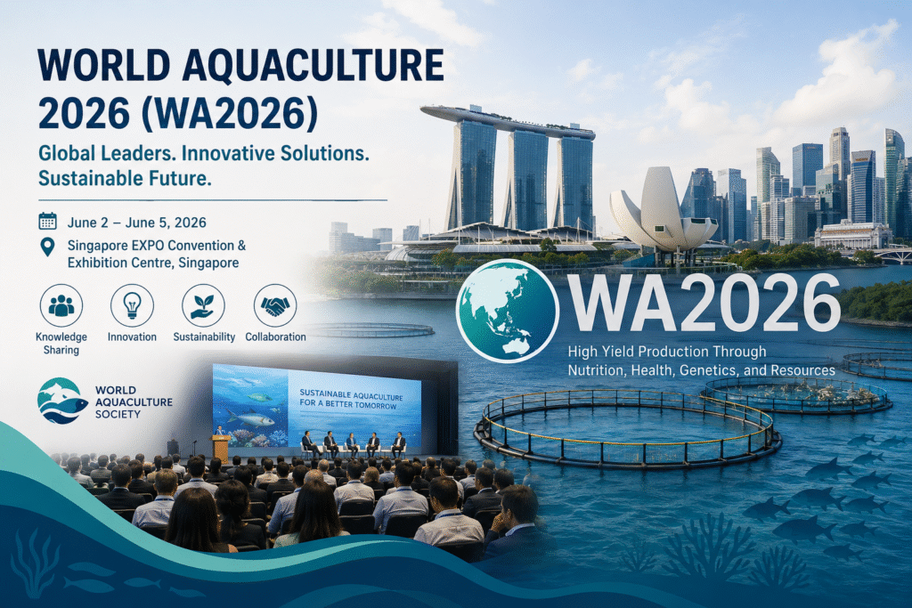 Promotional conference poster for World Aquaculture 2026 (WA2026) showing Singapore’s skyline and aquaculture farming visuals over water. The design highlights the event theme focused on innovation, sustainability, and high-yield aquaculture production. It includes event details such as dates from June 2 to June 5, 2026, location at Singapore EXPO Convention and Exhibition Centre, and icons representing knowledge sharing, innovation, sustainability, and collaboration. The lower section shows a large audience attending a professional conference, along with marine farming structures in the ocean, symbolizing modern aquaculture systems and global industry cooperation.