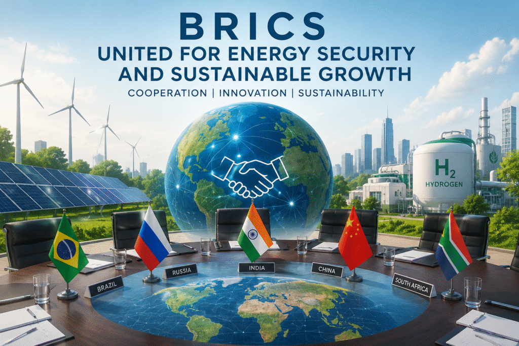 A futuristic global illustration showing BRICS nations collaborating on energy security and sustainability. A round conference table with flags of Brazil, Russia, India, China, and South Africa is placed in the foreground. Behind it, a large glowing digital globe with a handshake icon represents international cooperation. The background features renewable energy elements such as wind turbines, solar panels, hydrogen storage facilities, and a modern green city skyline, symbolizing clean energy transition and sustainable development.