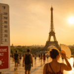 People walk through extreme summer heat near the Eiffel Tower in Europe as rising temperatures highlight growing climate concerns.