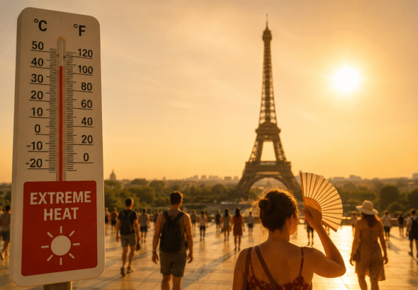 People walk through extreme summer heat near the Eiffel Tower in Europe as rising temperatures highlight growing climate concerns.