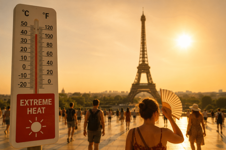 People walk through extreme summer heat near the Eiffel Tower in Europe as rising temperatures highlight growing climate concerns.