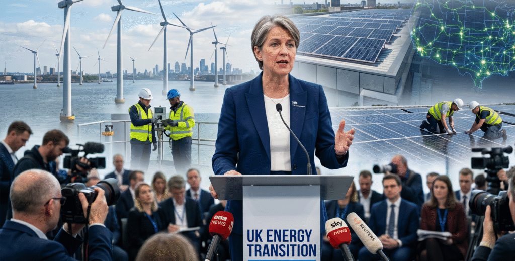 UK clean energy transition illustration showing a government climate announcement in London with renewable energy infrastructure including offshore wind turbines, solar panels, electricity grid modernization, and workers representing green jobs and economic growth under net zero targets.