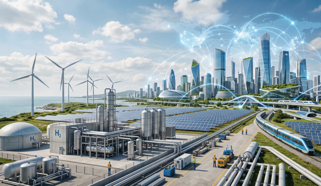 Hyper-realistic scene showing renewable energy infrastructure with wind turbines, solar panels, and a modern city skyline, representing global sustainability, clean energy transition, and corporate environmental responsibility in a futuristic world.