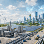 Hyper-realistic scene showing renewable energy infrastructure with wind turbines, solar panels, and a modern city skyline, representing global sustainability, clean energy transition, and corporate environmental responsibility in a futuristic world.