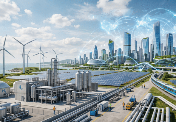 Hyper-realistic scene showing renewable energy infrastructure with wind turbines, solar panels, and a modern city skyline, representing global sustainability, clean energy transition, and corporate environmental responsibility in a futuristic world.