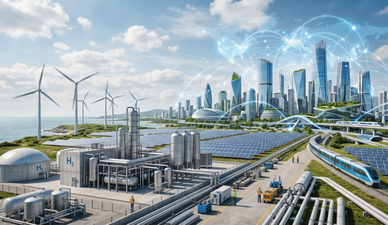 Hyper-realistic scene showing renewable energy infrastructure with wind turbines, solar panels, and a modern city skyline, representing global sustainability, clean energy transition, and corporate environmental responsibility in a futuristic world.