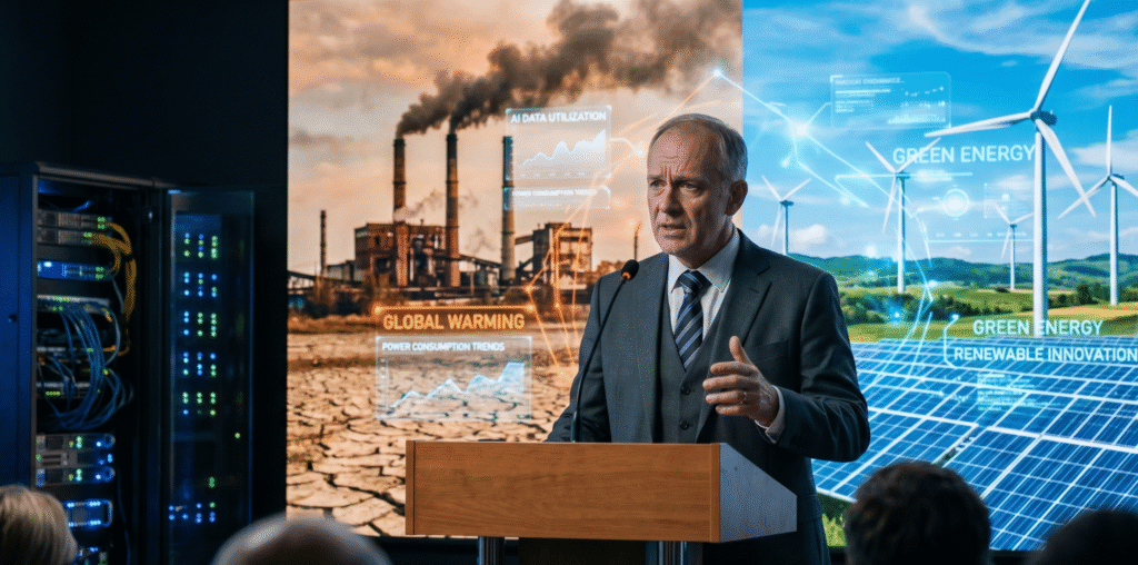 A split-scene editorial image showing a global climate summit with a UN-style speaker at a podium, contrasted with polluted fossil fuel industries on one side and clean renewable energy sources like wind turbines and solar panels on the other, with subtle AI data networks and futuristic technology elements symbolizing the environmental impact of artificial intelligence.