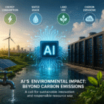 Concept illustration showing AI data centers, renewable energy, water resources, and carbon emissions highlighting the environmental impact of artificial intelligence on energy, water, and land sustainability.