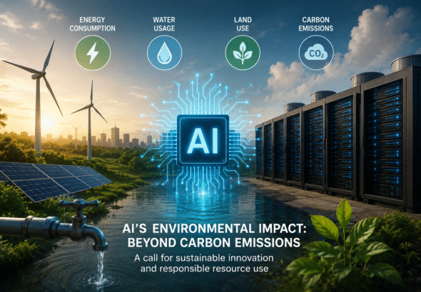 Concept illustration showing AI data centers, renewable energy, water resources, and carbon emissions highlighting the environmental impact of artificial intelligence on energy, water, and land sustainability.