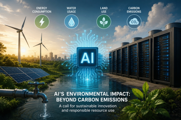 Concept illustration showing AI data centers, renewable energy, water resources, and carbon emissions highlighting the environmental impact of artificial intelligence on energy, water, and land sustainability.