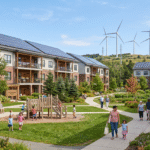 Modern public housing in Nova Scotia powered by renewable energy, featuring apartment buildings with rooftop solar panels and wind turbines in the background, highlighting the province's clean energy transition and sustainability efforts.