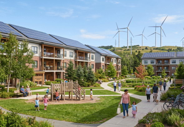 Modern public housing in Nova Scotia powered by renewable energy, featuring apartment buildings with rooftop solar panels and wind turbines in the background, highlighting the province's clean energy transition and sustainability efforts.
