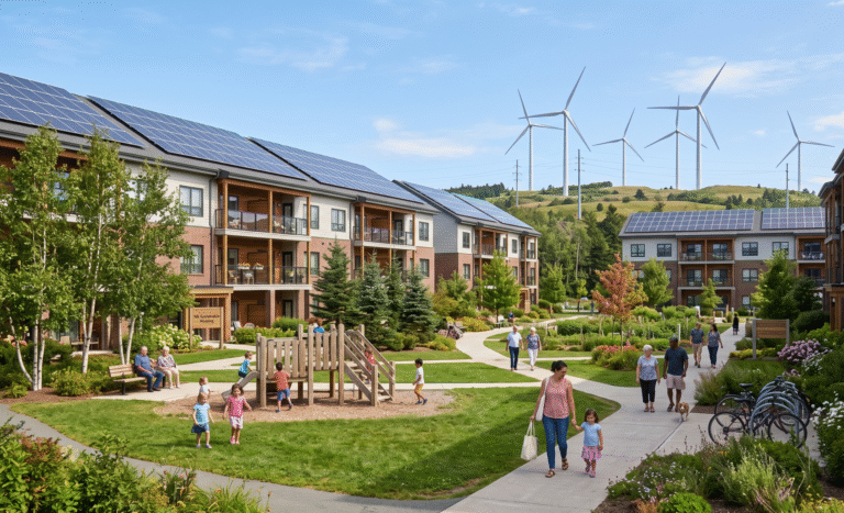 Modern public housing in Nova Scotia powered by renewable energy, featuring apartment buildings with rooftop solar panels and wind turbines in the background, highlighting the province's clean energy transition and sustainability efforts.