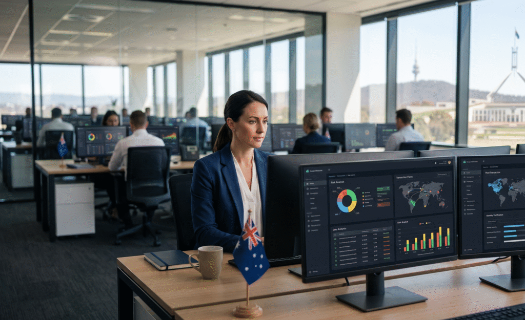 Australian financial compliance officer reviewing anti money laundering reports and digital risk monitoring systems in a modern corporate office. Multiple computer monitors display compliance dashboards, financial charts, transaction monitoring alerts, and regulatory reports. Professional corporate environment with modern office interiors, business attire, realistic lighting, high detail, representing regulatory oversight of Australia's online gambling industry, photorealistic, editorial news style, 16:9.