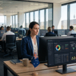 Australian financial compliance officer reviewing anti money laundering reports and digital risk monitoring systems in a modern corporate office, representing regulatory oversight of the online gambling industry.