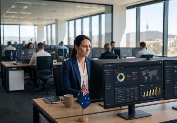 Australian financial compliance officer reviewing anti money laundering reports and digital risk monitoring systems in a modern corporate office, representing regulatory oversight of the online gambling industry.